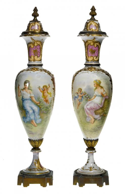 Appraisal: A PAIR OF FRENCH ORMOLU-MOUNTED S VRES STYLE VASES AND