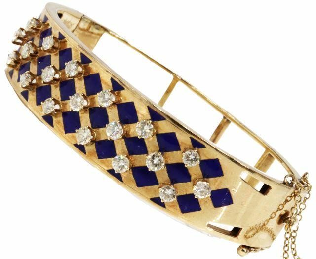 Appraisal: Estate kt yellow gold hinged bangle bracelet cobalt blue enamel