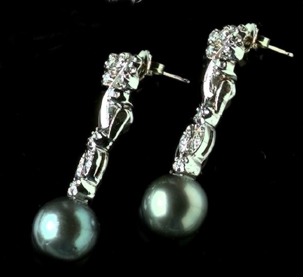 Appraisal: Pair of Fourteen-Karat White Gold Diamond and Black Tahitian Pearl