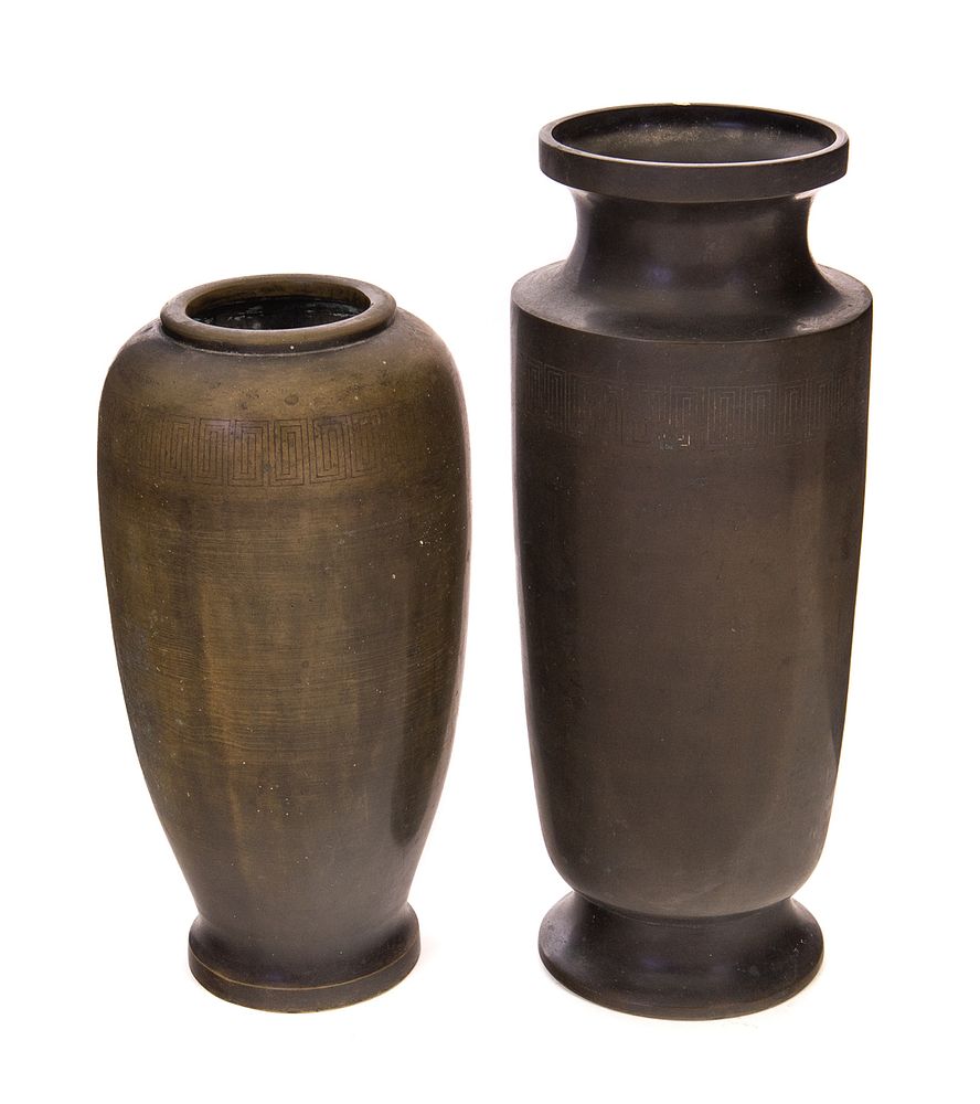 Appraisal: Chinese bronze vases Chinese bronze vases with Greek key pattern