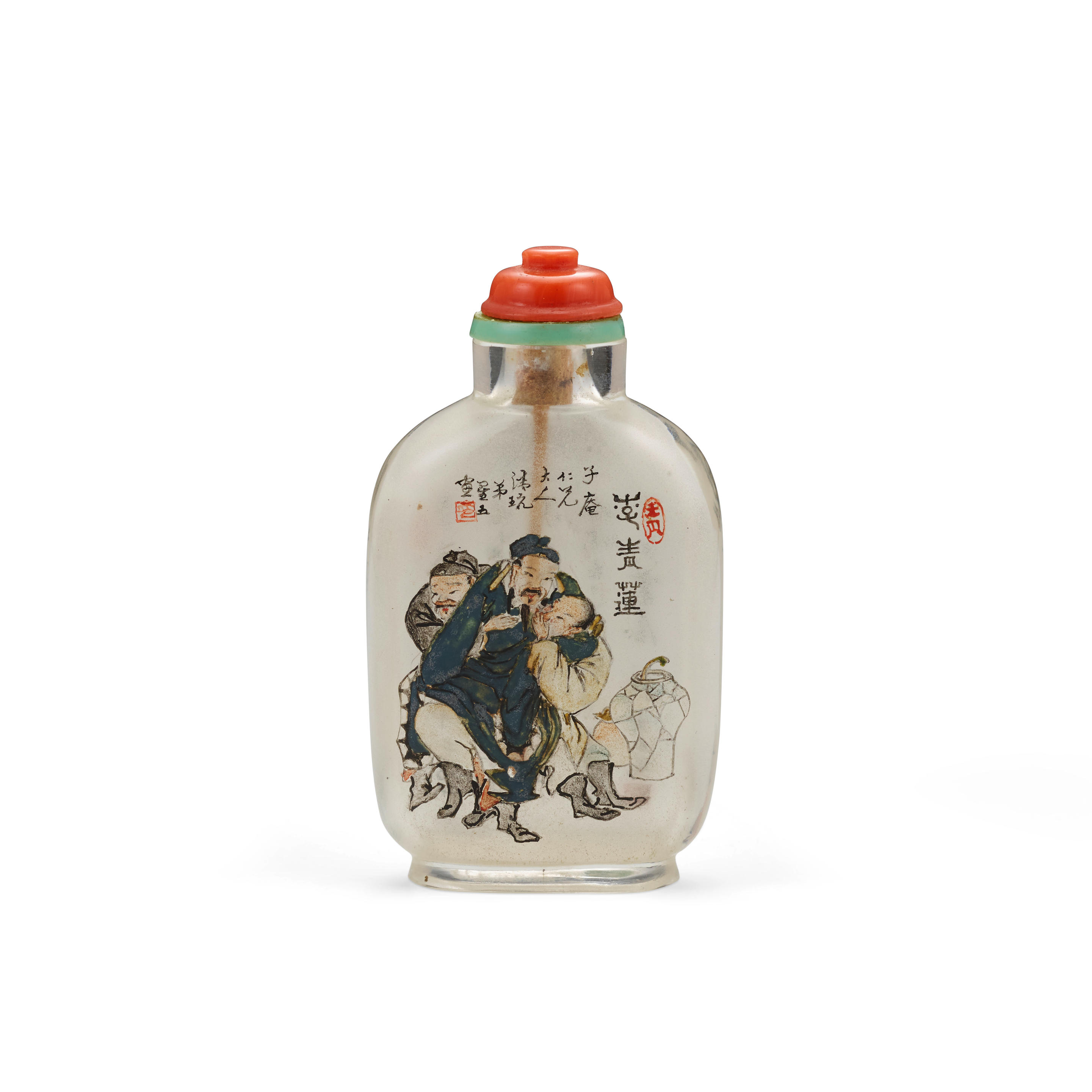 Appraisal: AN INSIDE-PAINTED GLASS 'DRUNKEN POET' SNUFF BOTTLE Attributed to Sun