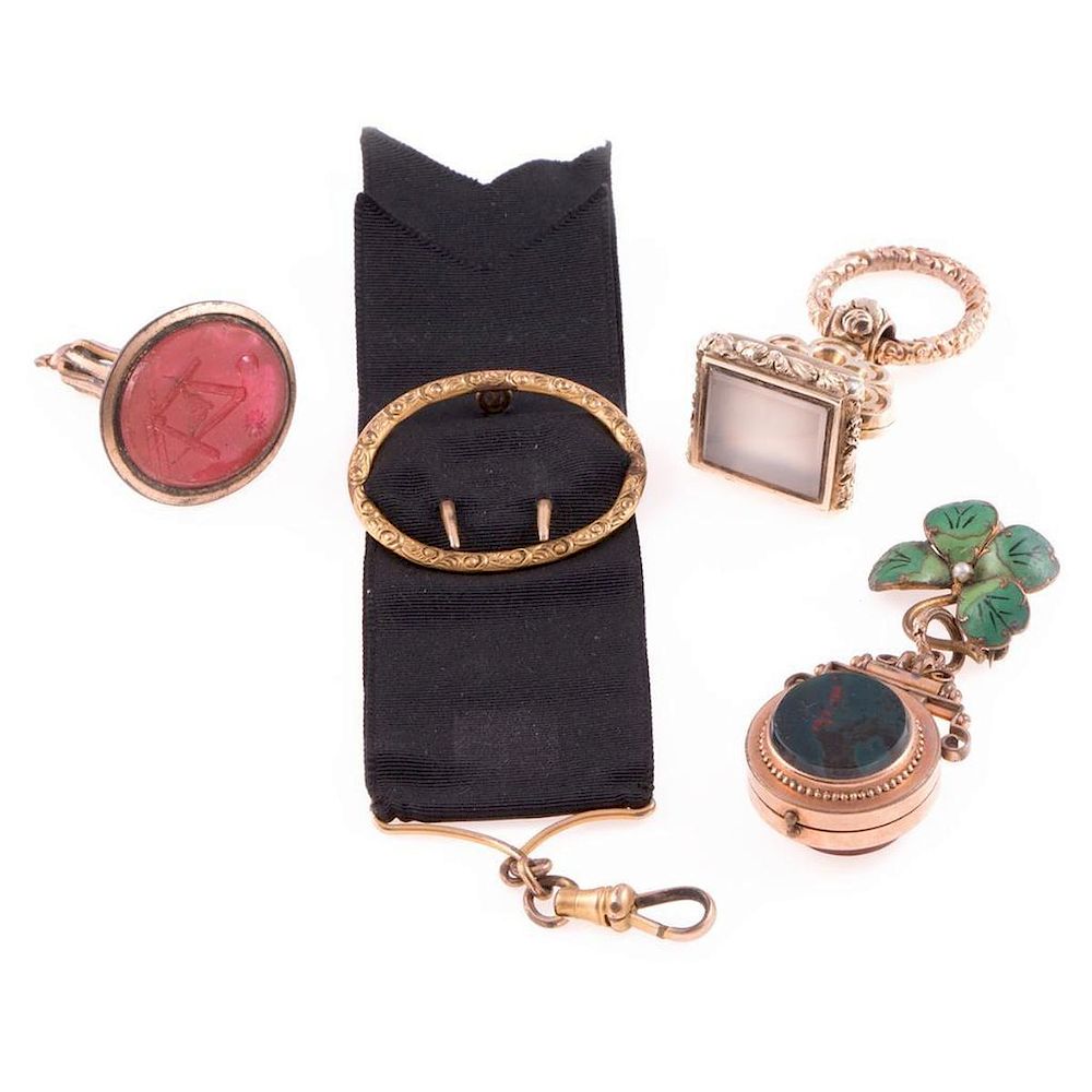 Appraisal: Collection of four antique watch fobs gold-filled with hardstone and