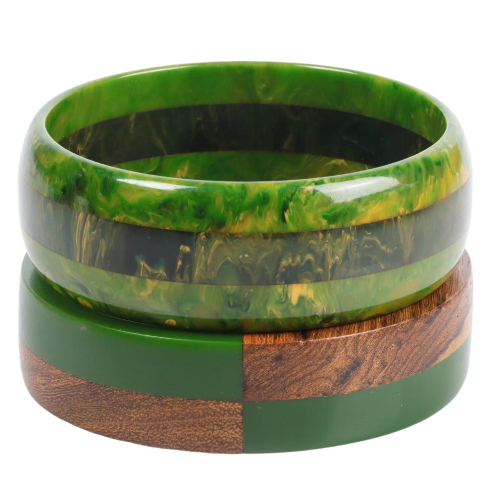 Appraisal: TWO GREEN BAKELITE LAMINATED BANGLE BRACELETS INNER DIAM X W