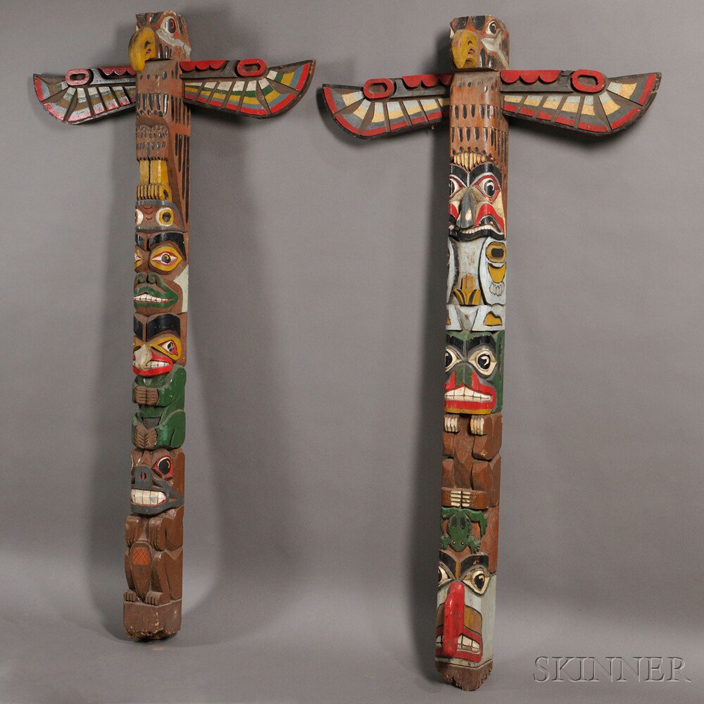 Appraisal: Two Large Polychrome Carved Wood Totem Poles both with metal