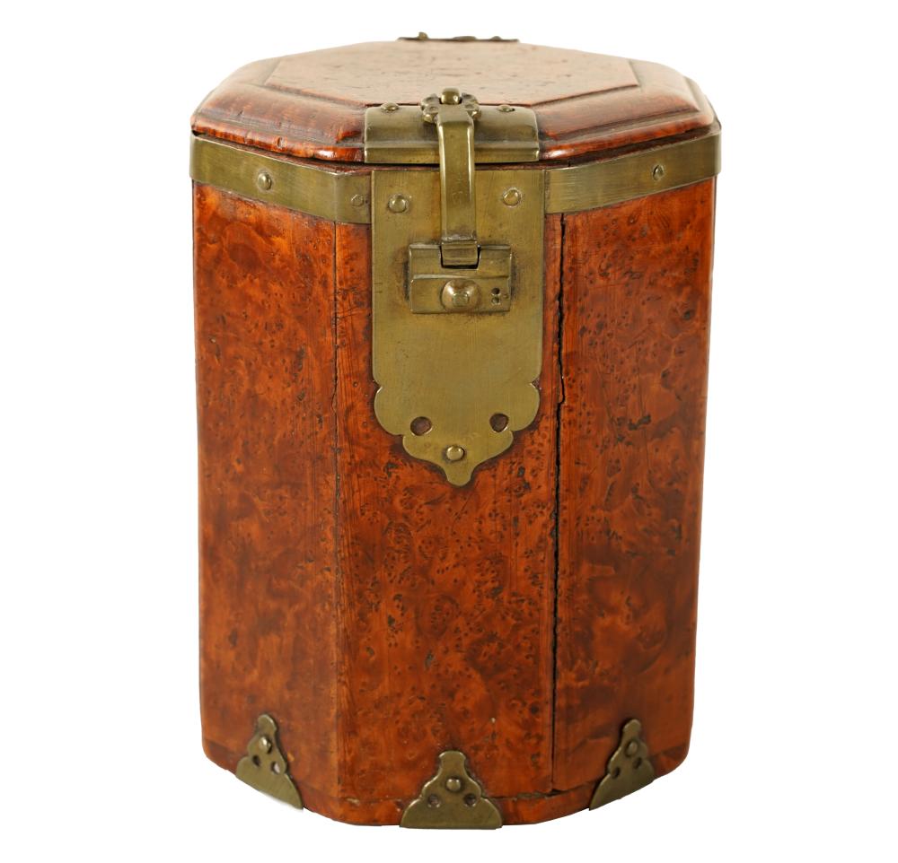 Appraisal: BRASS-MOUNTED BURL WOOD TEA CADDYoctagonal with hinged lid Condition scratches