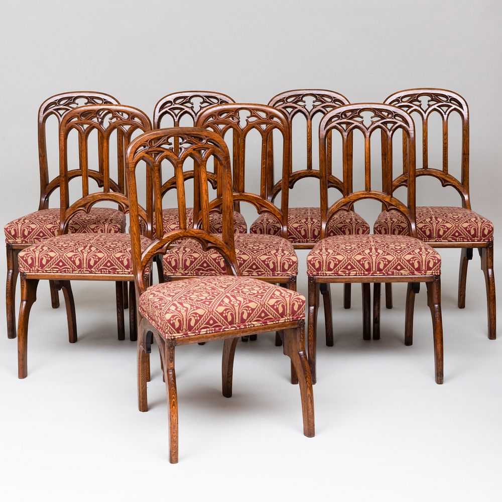 Appraisal: Set of Eight Victorian Neo-Gothic Oak Dining Chairs stamped Saunders