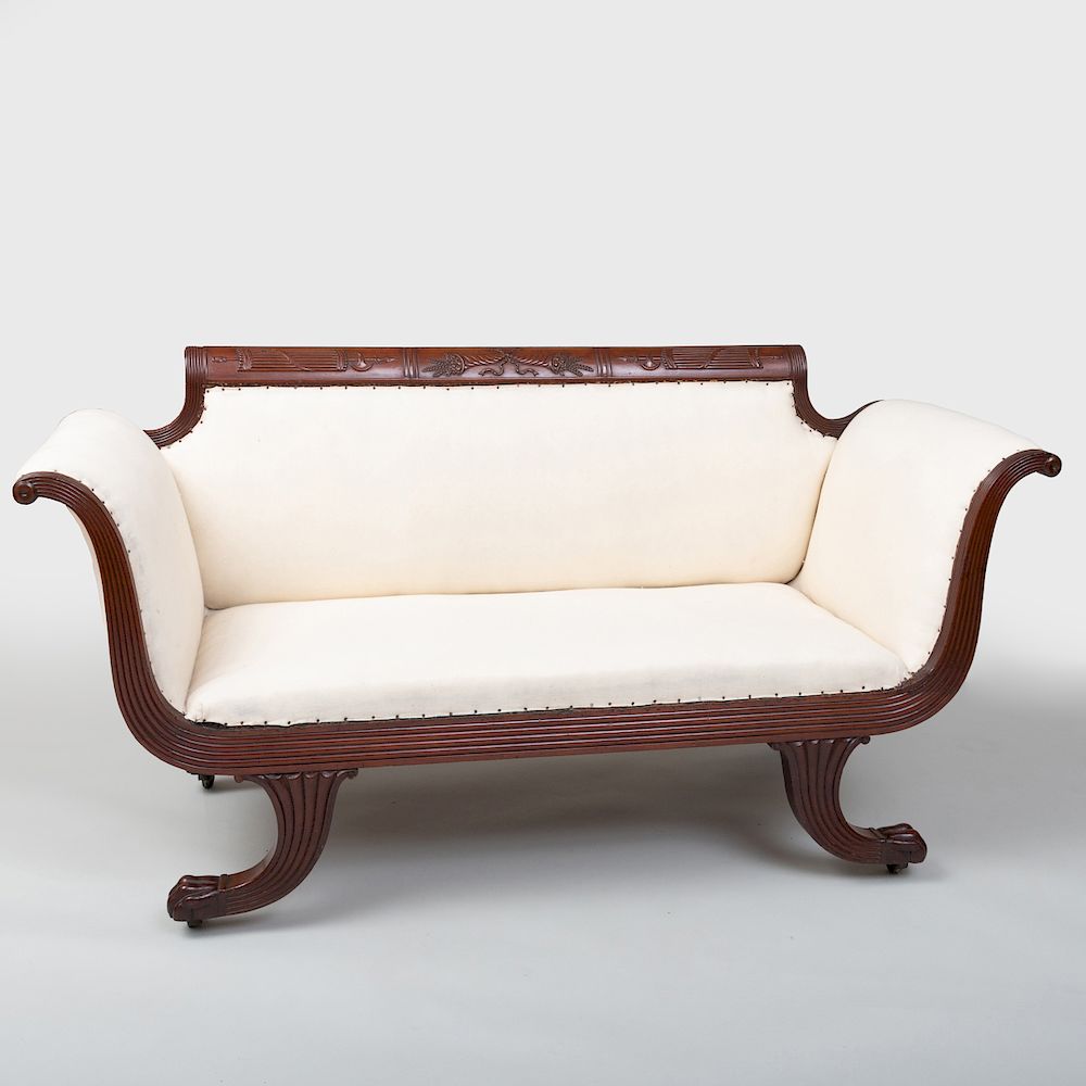 Appraisal: Fine and Rare Small Federal Carved Mahogany Sofa Attributed to