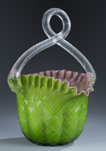 Appraisal: Stevens Williams Basket Twisted Handle Green body with crisscross pattern