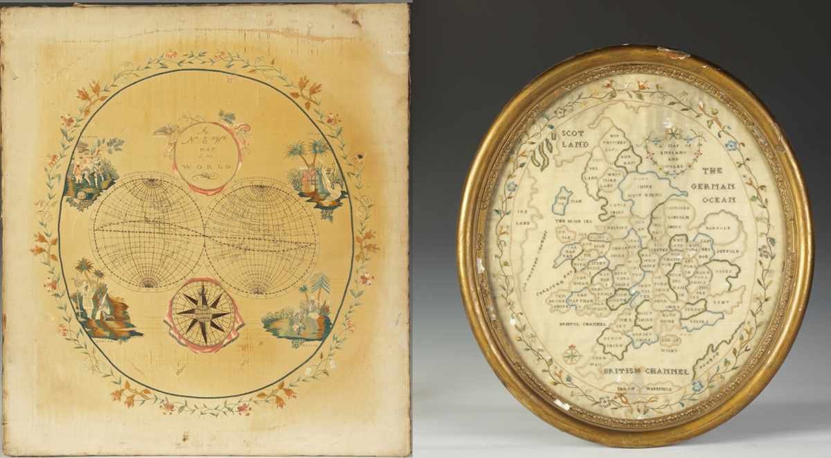 Appraisal: th Cent Needlework Maps of the World Condition Both w