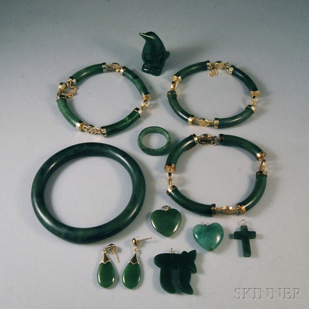 Appraisal: Group of Green Stone or Jade Jewelry including a bangle