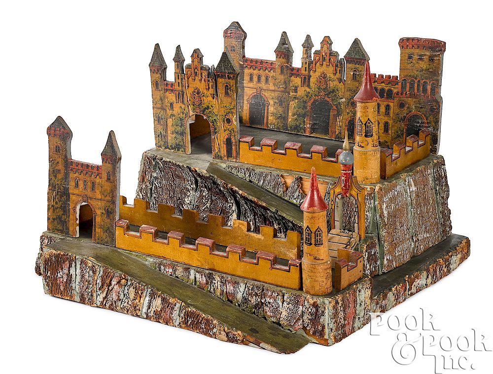 Appraisal: Painted wood and paper lithograph castle Elaborate painted wood and