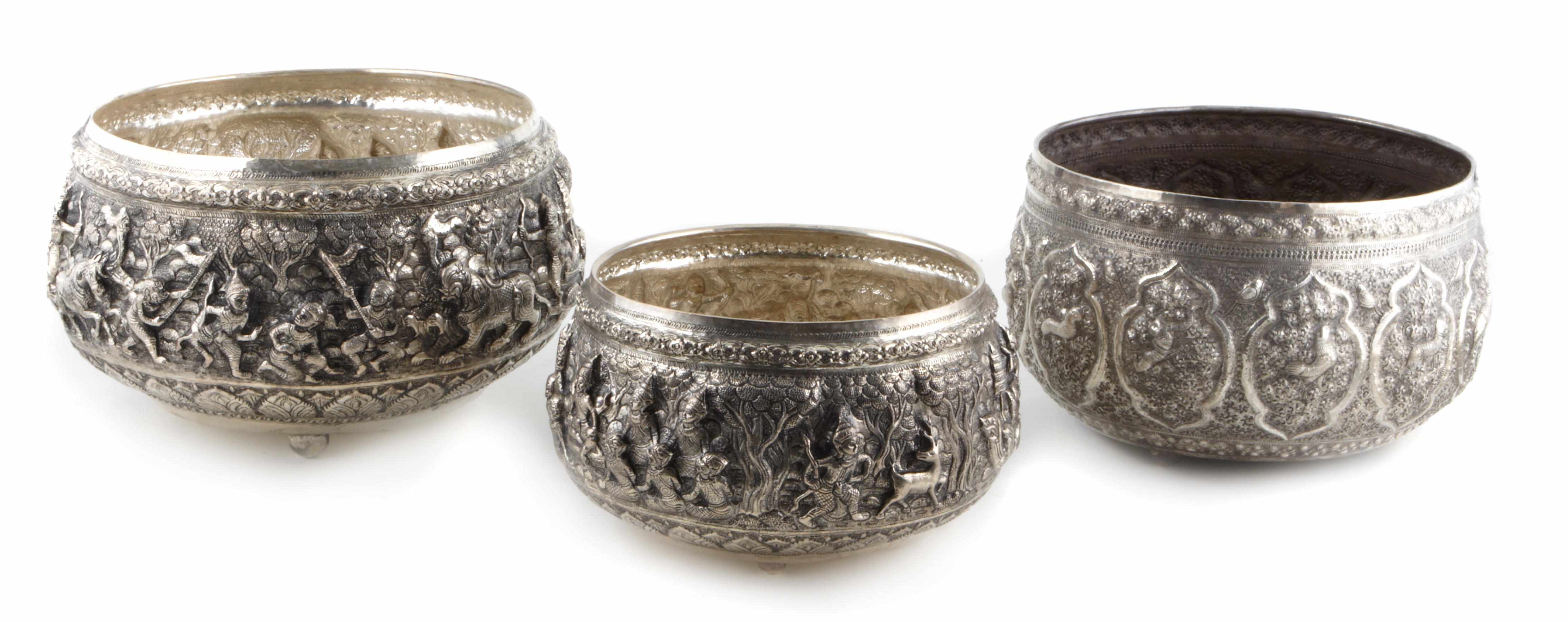 Appraisal: Two Thai hammered silver bowls with temple figures th century