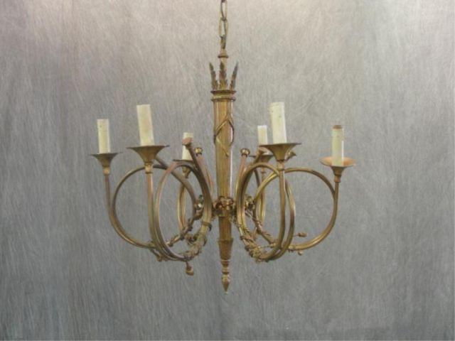 Appraisal: Patinated Metal Arm Bugle Form Chandelier From Long Island estate