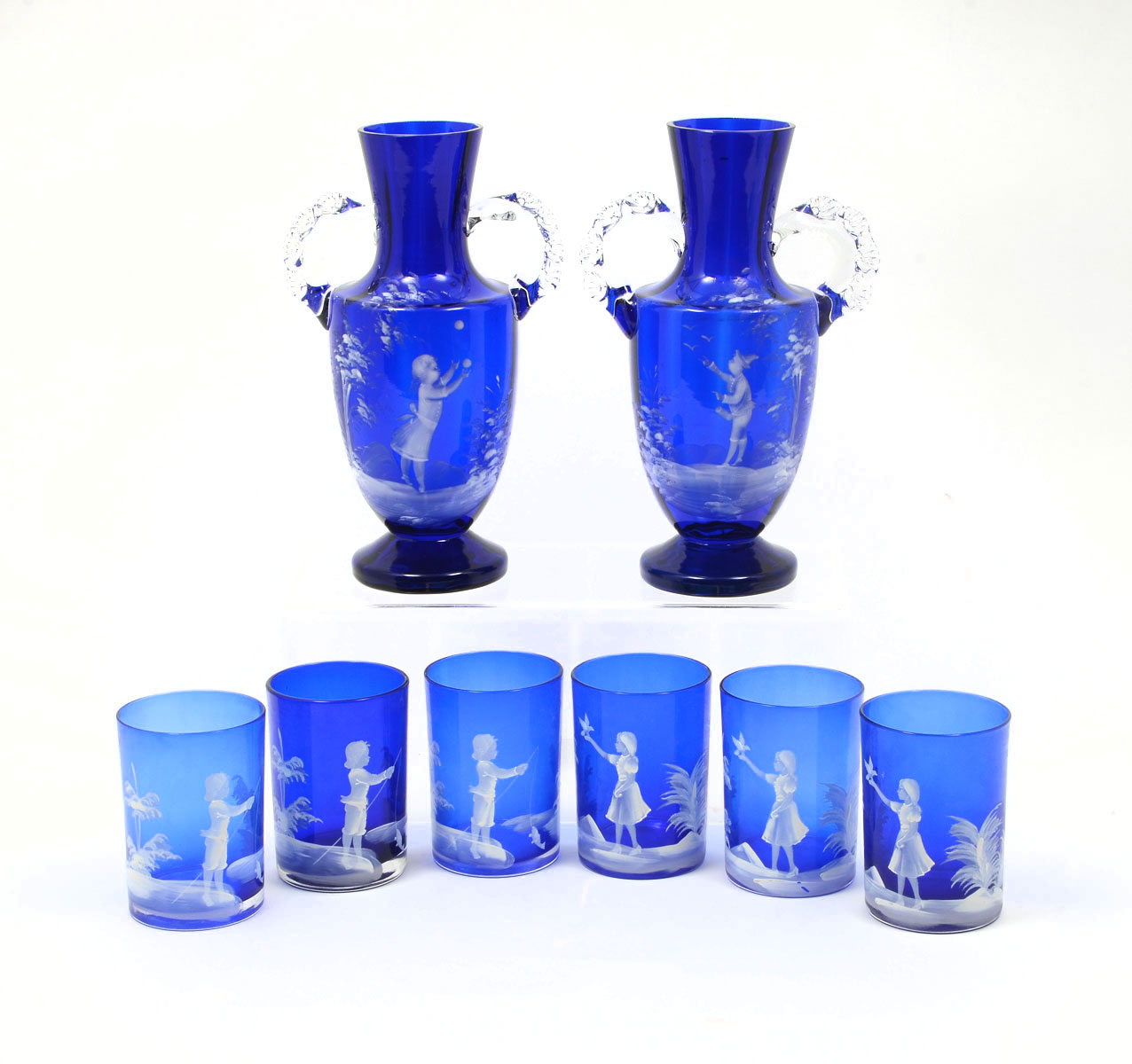 Appraisal: PC MARY GREGORY COBALT BLUE VASES GLASSES Comprising - opposing