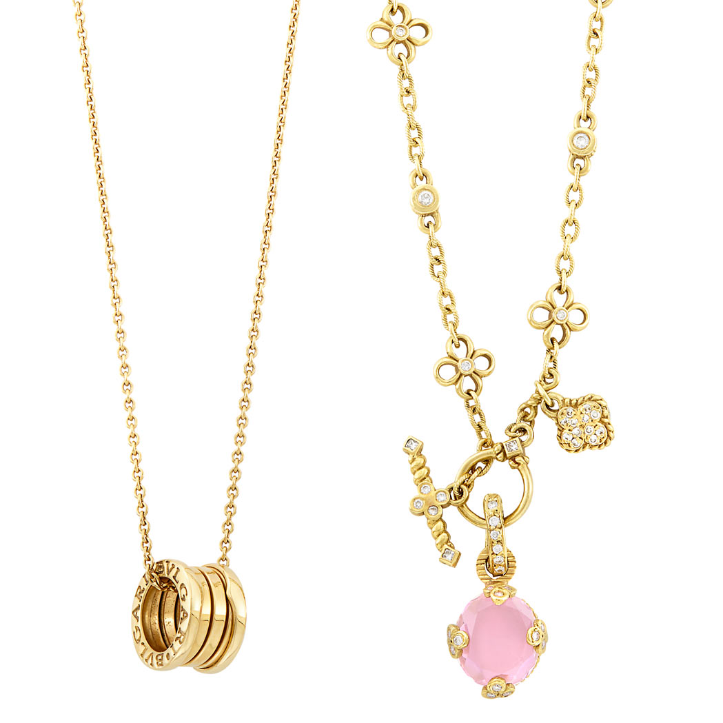 Appraisal: Gold Pendant-Necklace Bulgari and Gold Diamond and Pink Glass Toggle