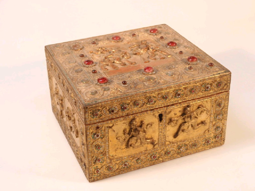 Appraisal: An Indian box with hinged lid gilt painted with leaf