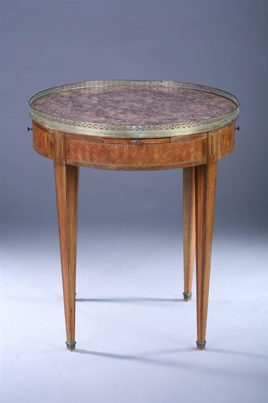 Appraisal: LOUIS XVI STYLE GILT-METAL MOUNTED PARQUETRY INLAID BOUILLOTTE TABLE early