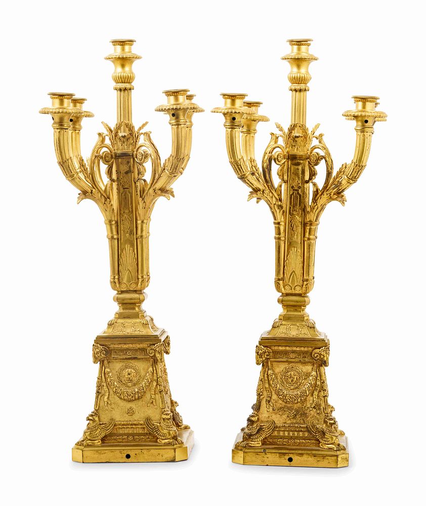 Appraisal: A Pair of Empire Style Gilt Bronze Five-Light Candelabra A