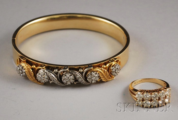 Appraisal: Two kt Gold and Diamond Jewelry Items a bangle bracelet