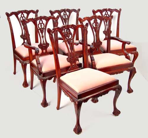 Appraisal: SET OF CHIPPENDALE STYLE MAHOGANY DINING CHAIRS Carved mahogany ball