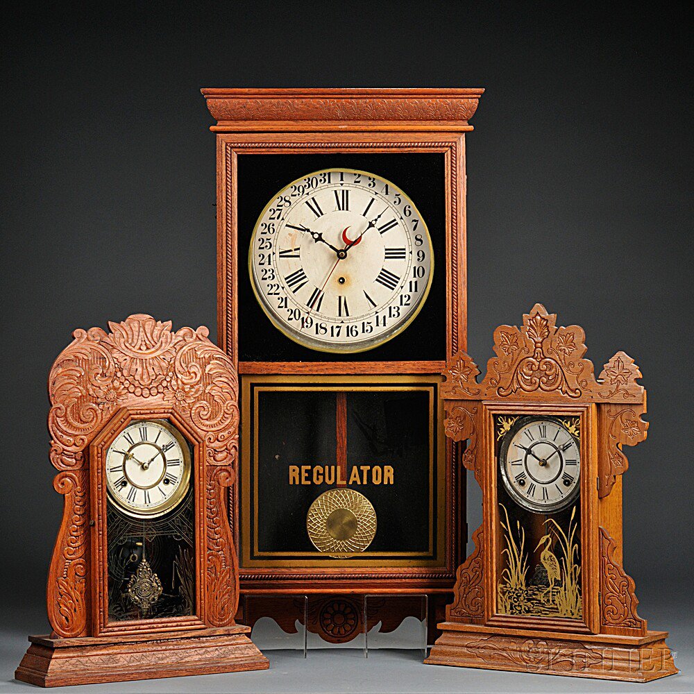 Appraisal: Three Pressed Oak Connecticut Clocks two eight-day time and strike