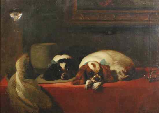 Appraisal: Leslie Harries oil on canvas King Charles Spaniels after Landseer