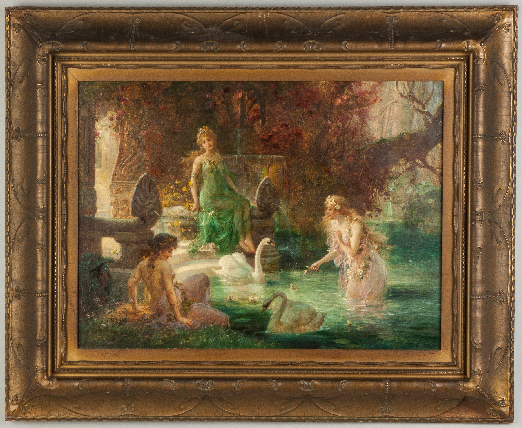 Appraisal: Hans Zatzka Austrian - Three Women Near Pool Feeding Swans