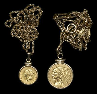 Appraisal: Two U S gold coin necklaces Indian head gold piece