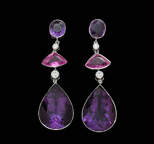 Appraisal: A pair of amethyst diamond pink and purple sapphire pendant