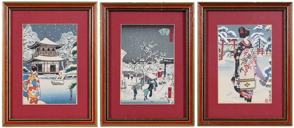 Appraisal: Three Miniature Japanese Woodblock Prints three snow scenes one signed