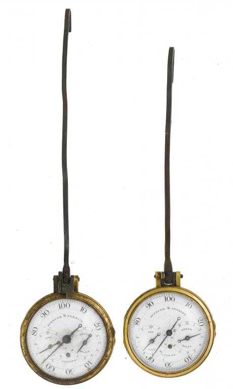 Appraisal: TWO GEORGE III GILT BRASS PEDOMETERS signed on the enamel