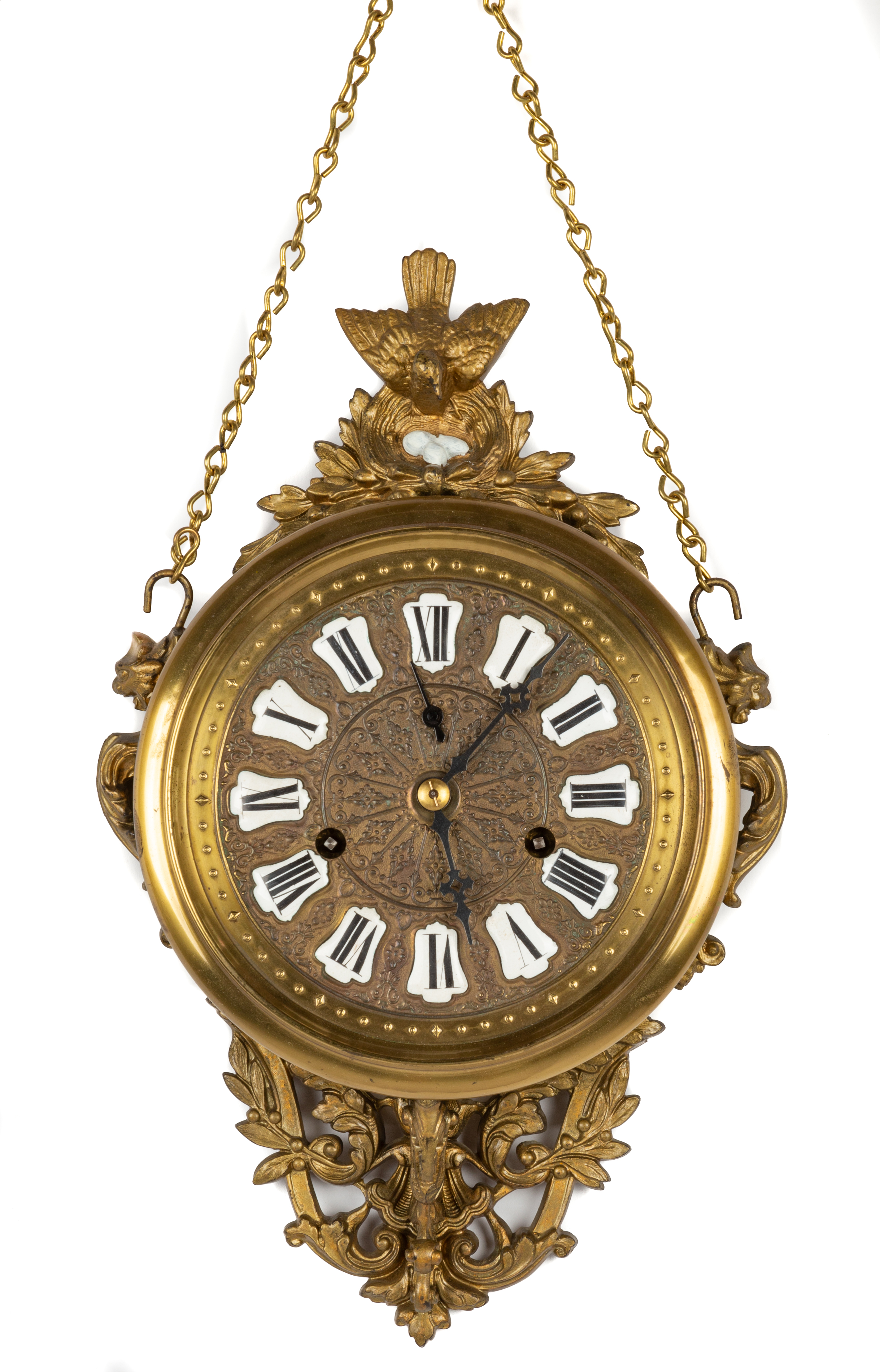 Appraisal: AMERICAN BRASS HANGING CLOCK circa With bird in nest griffin