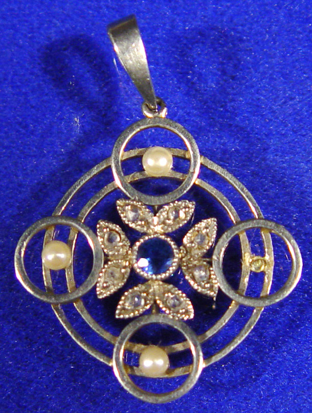 Appraisal: Unmarked gold diamond sapphire and three pearl pendant