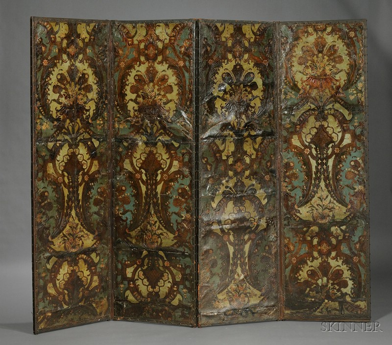 Appraisal: Continental Painted and Tooled Leather Four-Panel Floor Screen late th