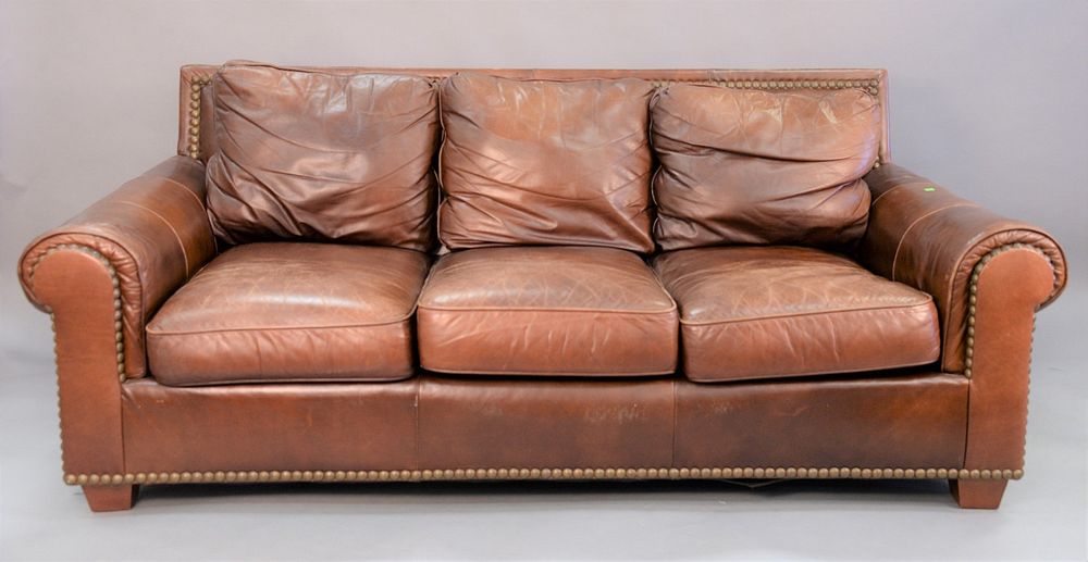 Appraisal: Century Hickory sofa with roll arms and tacked brown leather