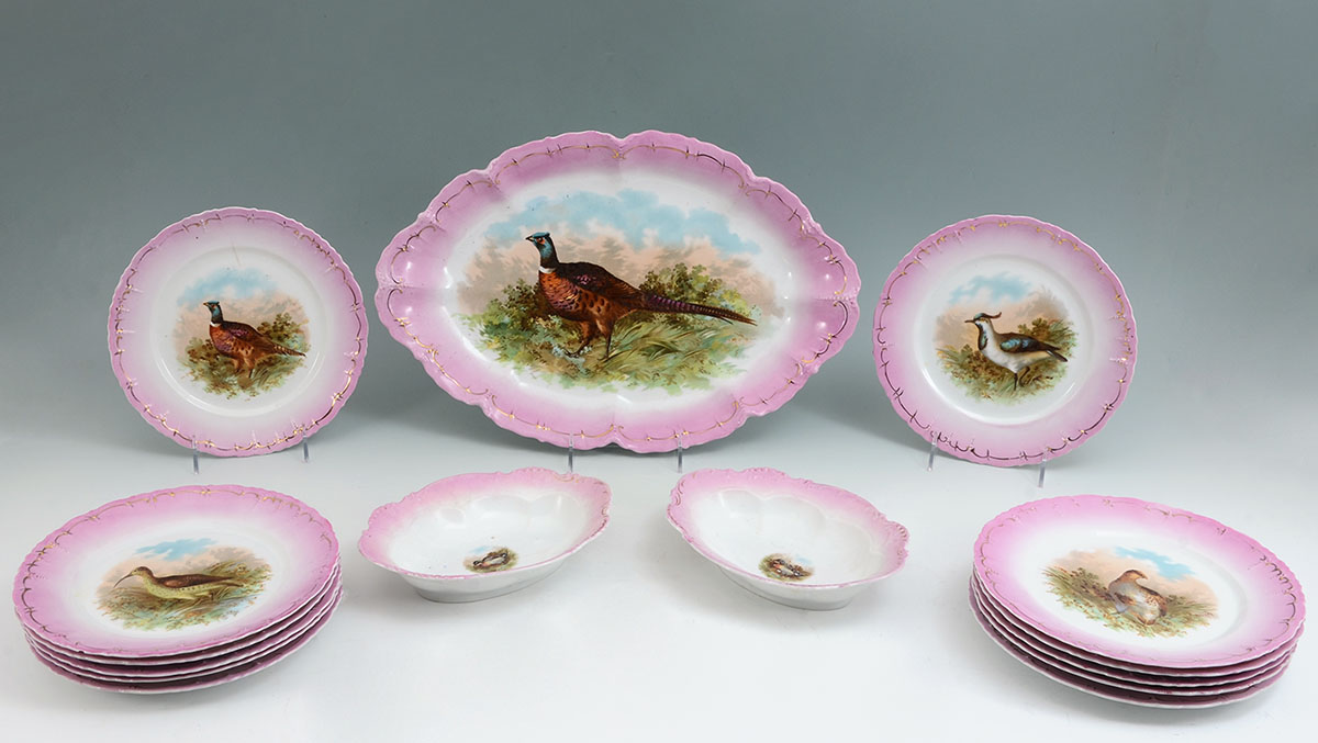 Appraisal: MORITZ ZDEKAUER GAME BIRDS PLATTER AND PLATES Late th early