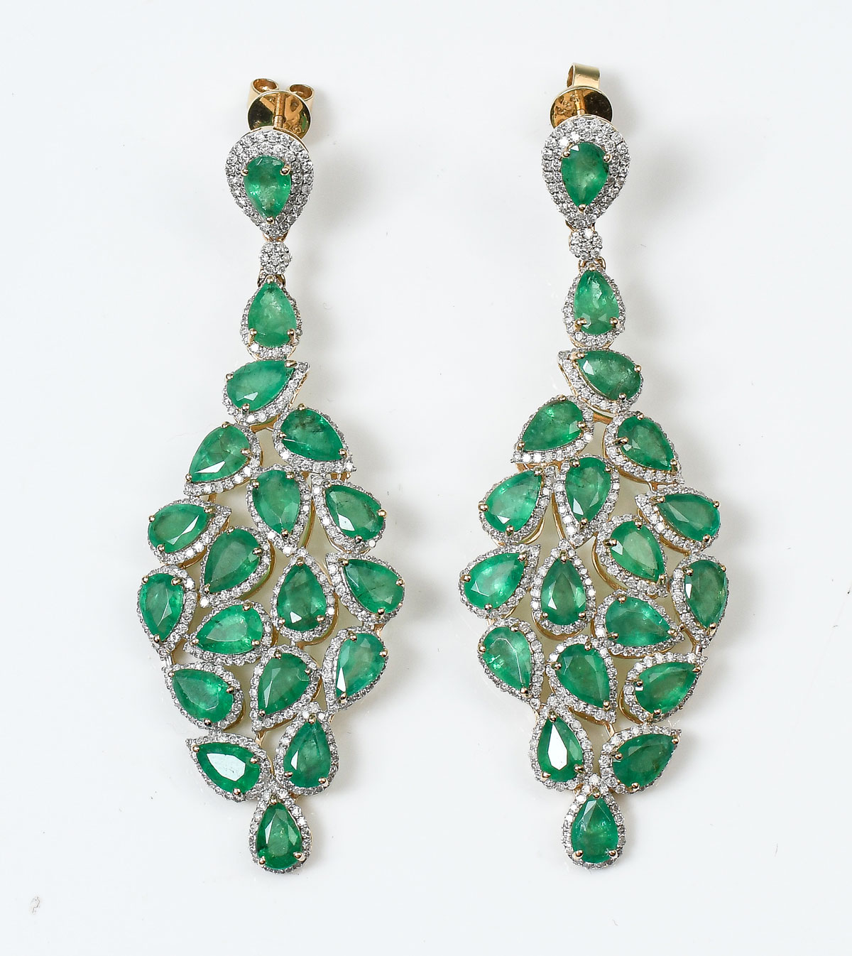 Appraisal: K CTW DIAMOND EMERALD CHANDELIER EARRINGS prong set pear shaped