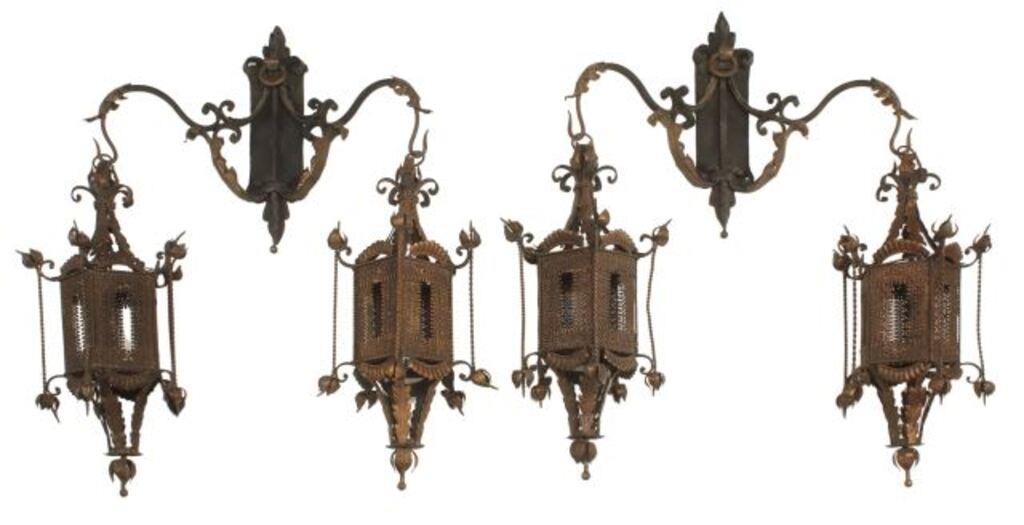 Appraisal: pair Wrought iron and tole painted hanging double lanterns in