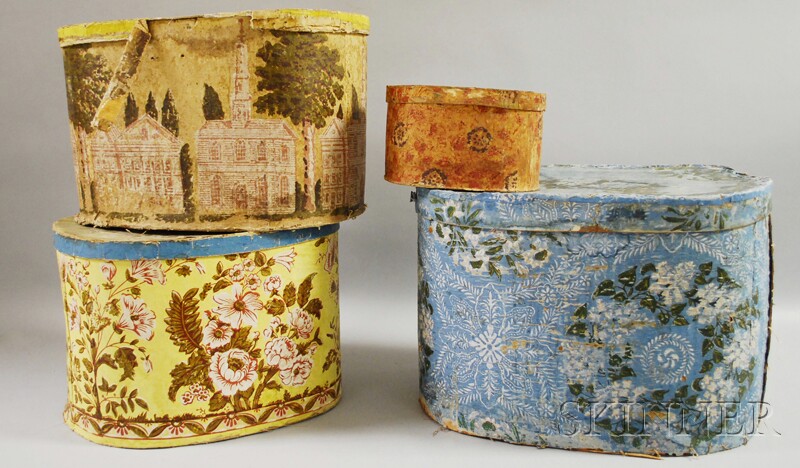 Appraisal: Four Wallpaper-clad Band Boxes ht to in Provenance Estate of