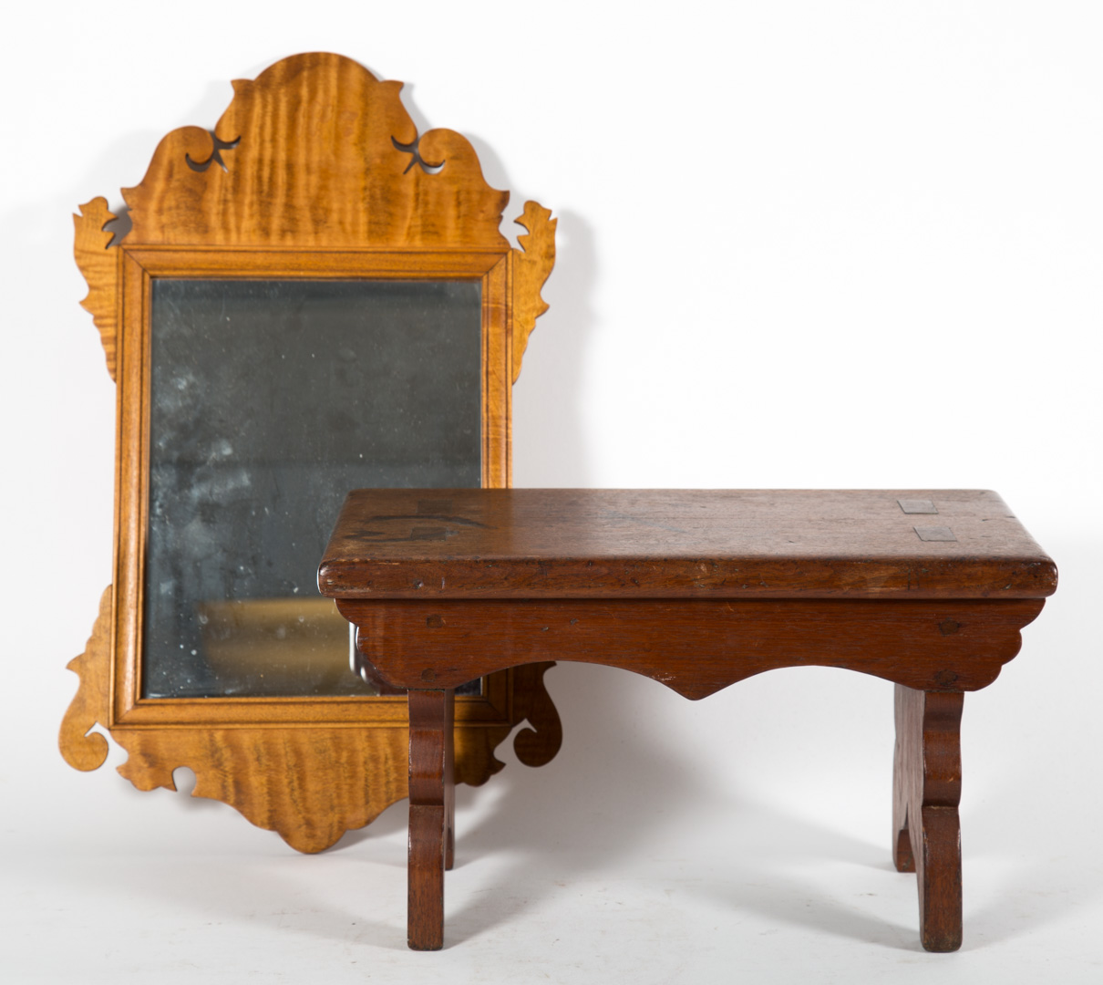 Appraisal: Diminutive tiger maple mirror walnut footstool Chippendale style diminutive tiger