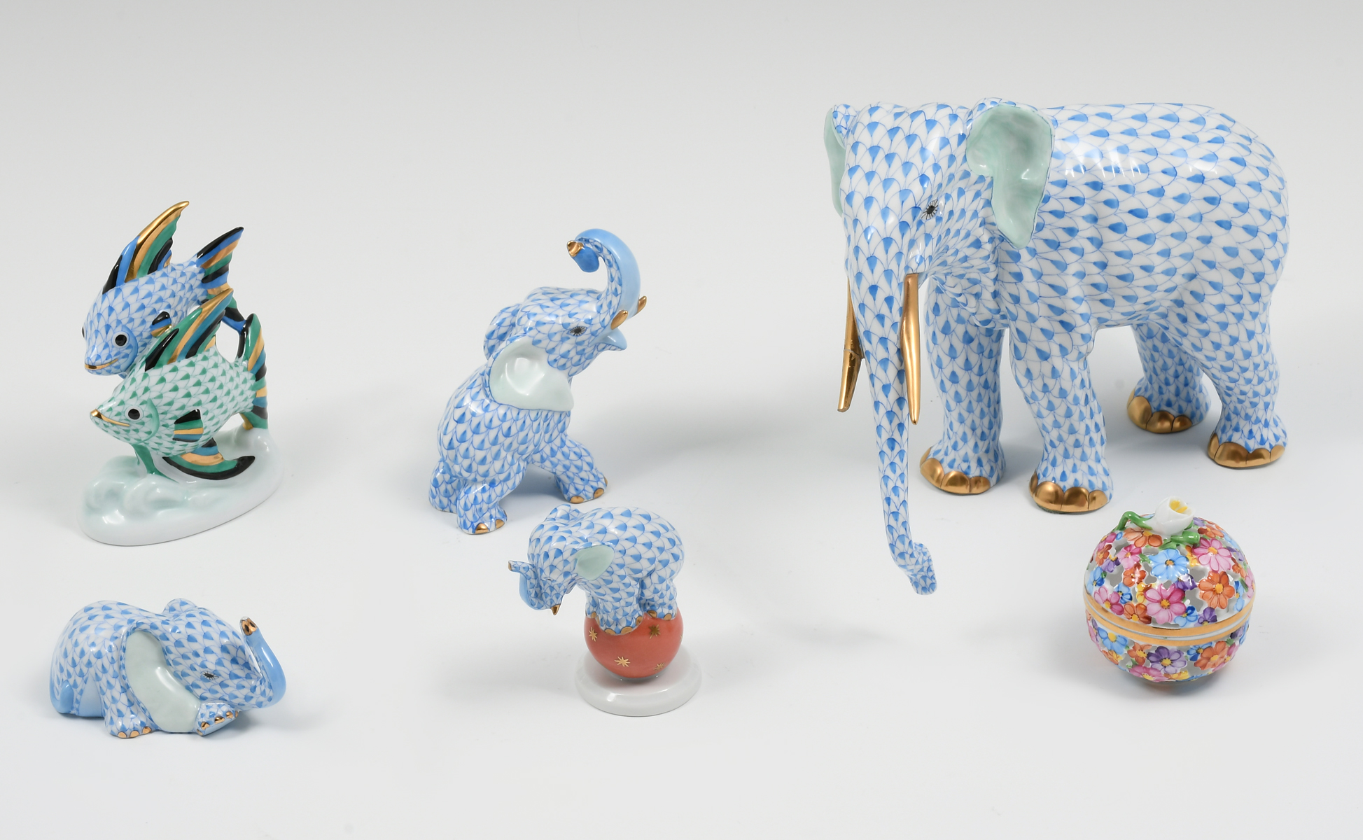 Appraisal: PC HEREND PORCELAIN FIGURE COLLECTION Comprising - Elephants - Double