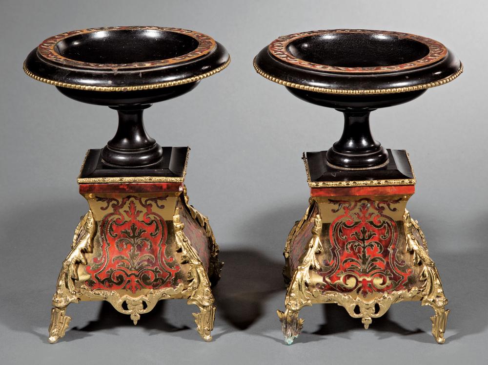 Appraisal: Pair of Gilt Metal-Mounted Boullework and Ebonized Tazzas th c