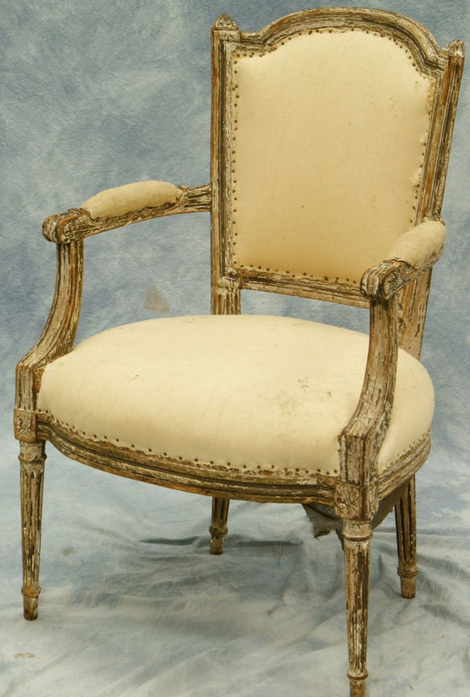 Appraisal: French Louis XVI armchair with original worn finish upholstery may