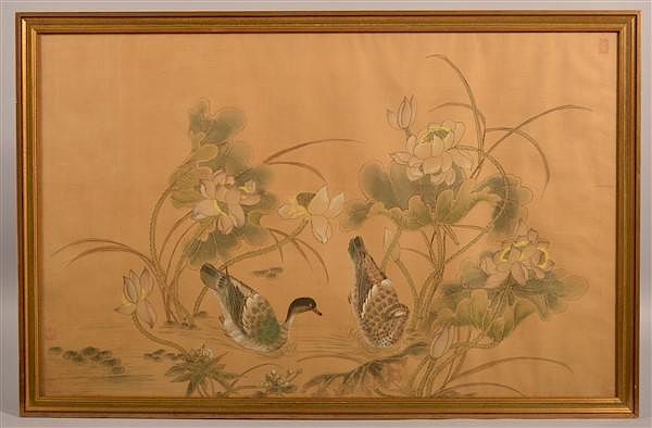 Appraisal: Large Vintage Japanese Painting on Silk Large Vintage Japanese Painting