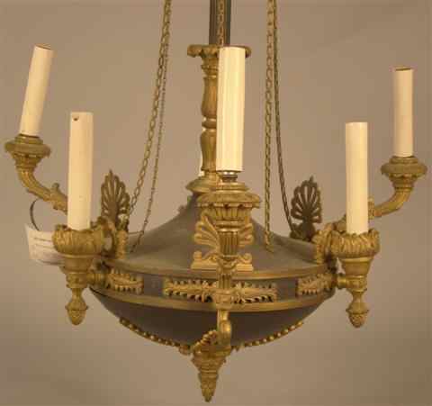 Appraisal: FRENCH DIRECTOIRE FIVE LIGHT CHANDELIER the dished patinated body applied