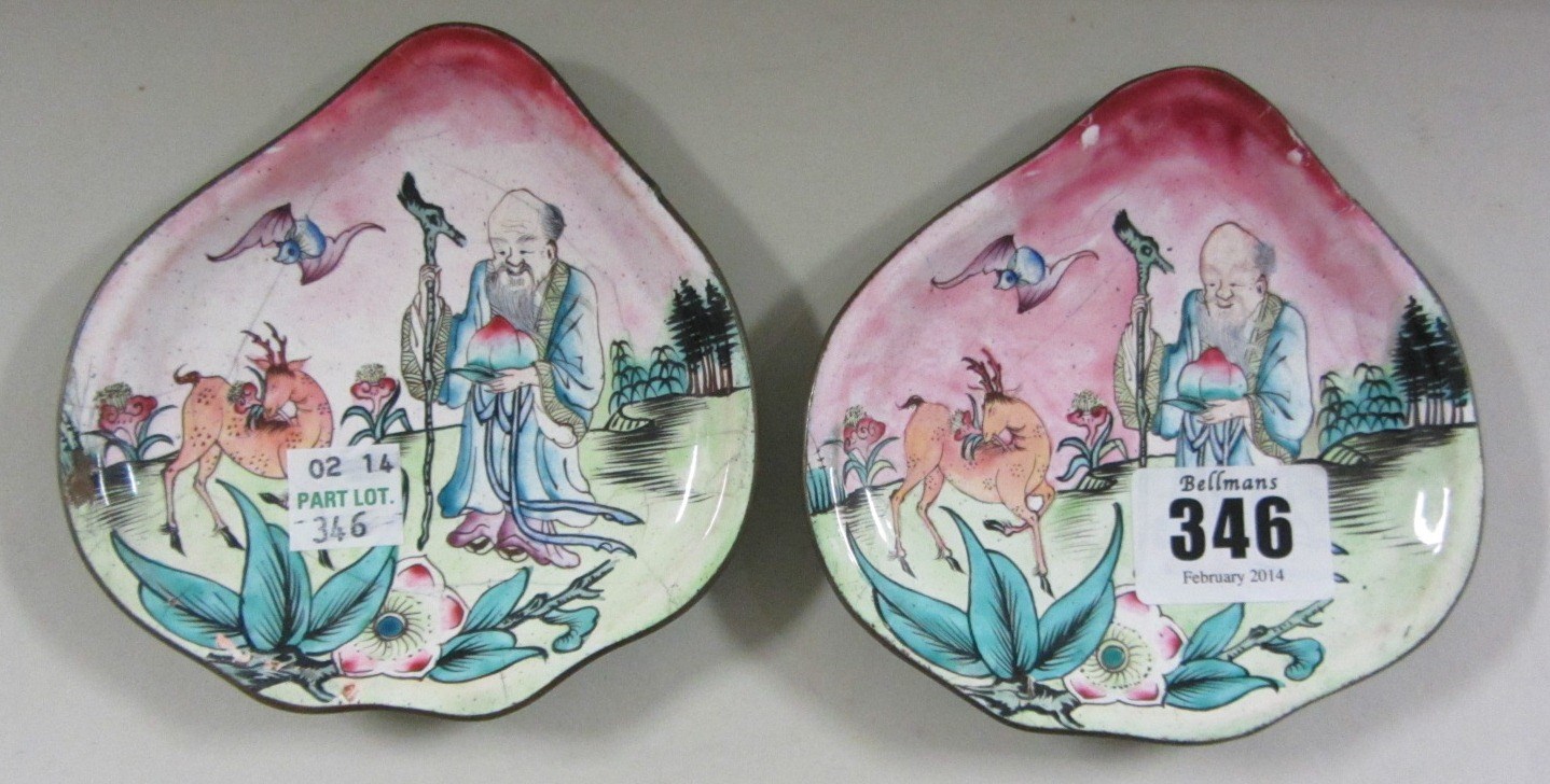 Appraisal: A pair of Chinese peach-shaped enamel dishes th century each