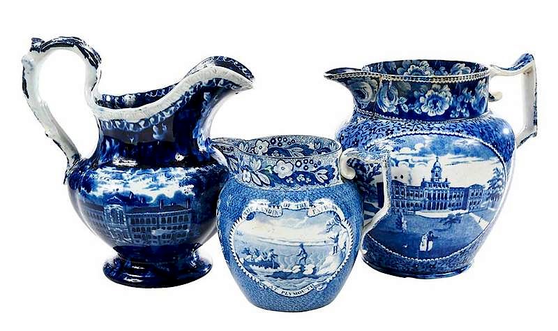 Appraisal: Three Historical Blue Staffordshire Pitchers British th century three transfer