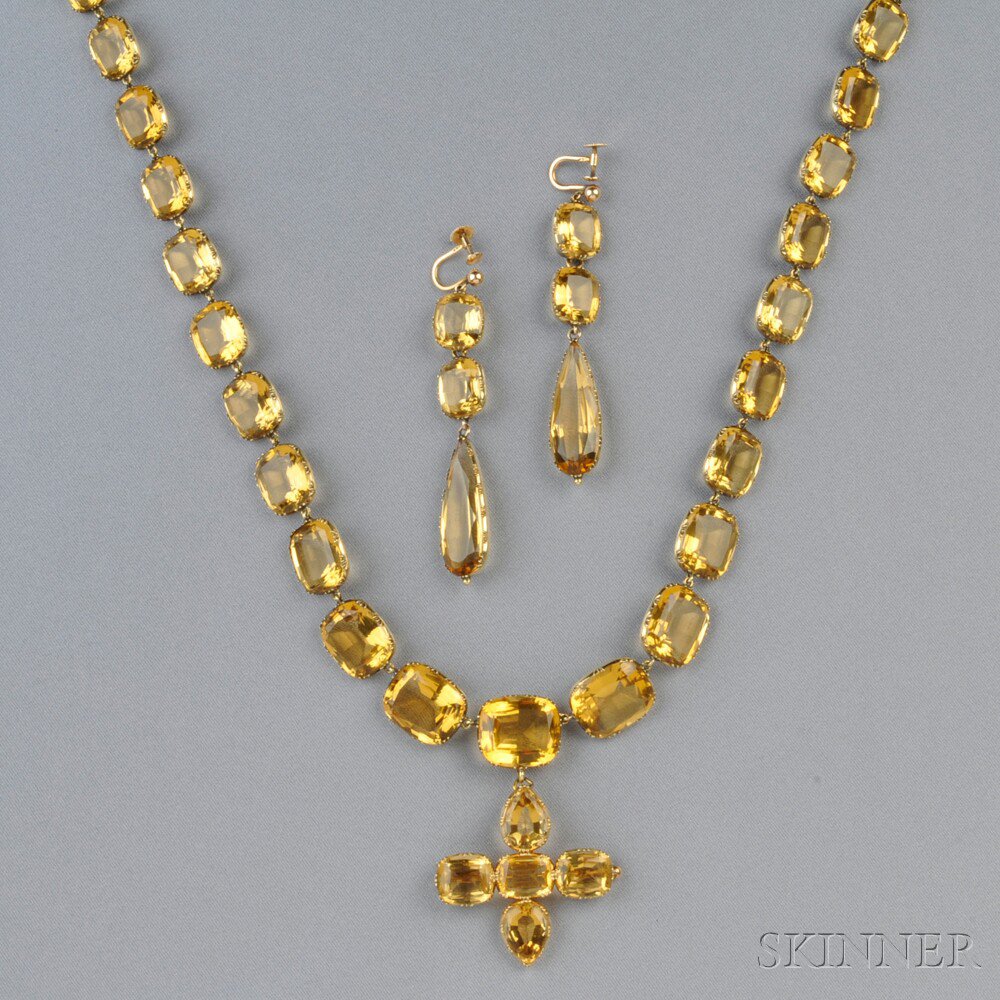 Appraisal: Antique Gold and Citrine Necklace and Earpendants the necklace bezel-set