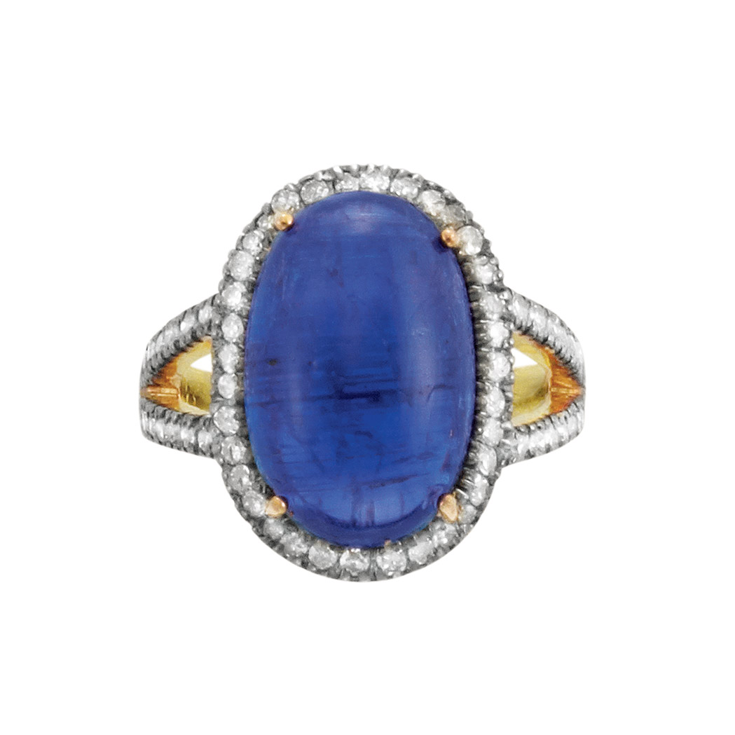 Appraisal: Gold Silver Cabochon Tanzanite and Diamond Ring kt one oval