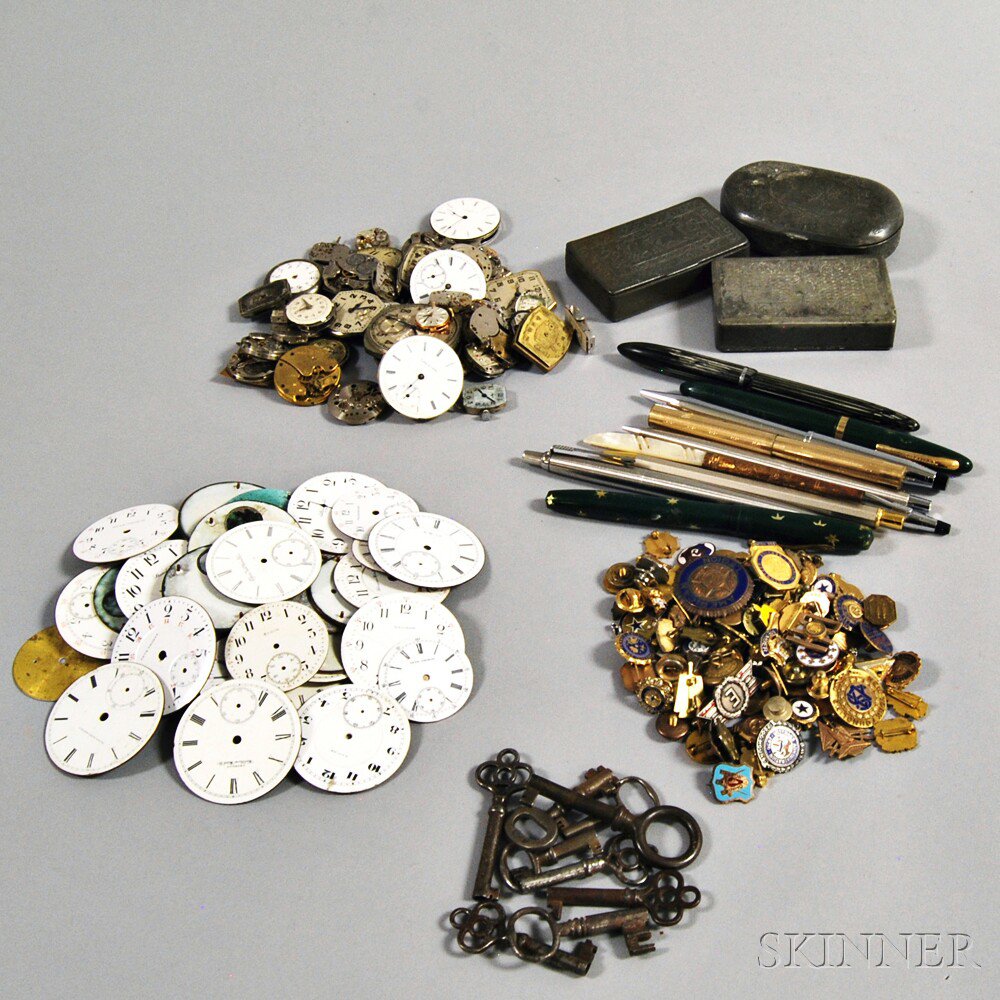 Appraisal: Group of Watch Parts Keys Pens Snuff Boxes and Fraternal